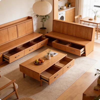 客厅卡座沙发一体北美樱桃木带抽屉储物收纳柜全实木原木定制组合